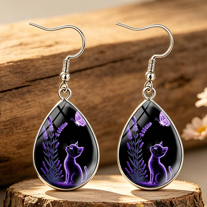 Christmas Tree Silhouette Witch Tear Drop Glass Cabochon Earrings